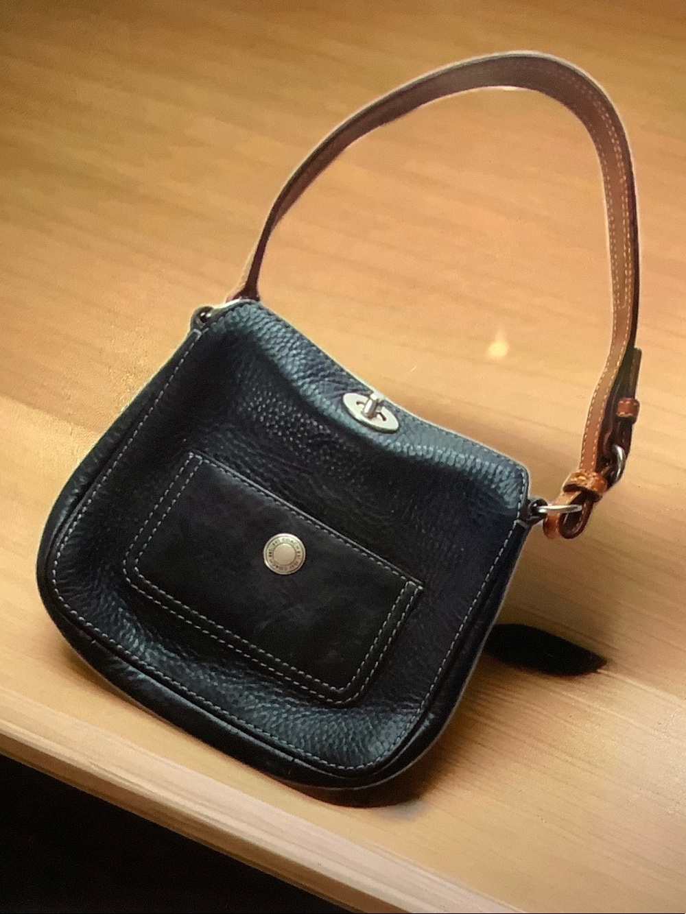Coach Black Leather Mini Shoulder Bag with Tan Strap